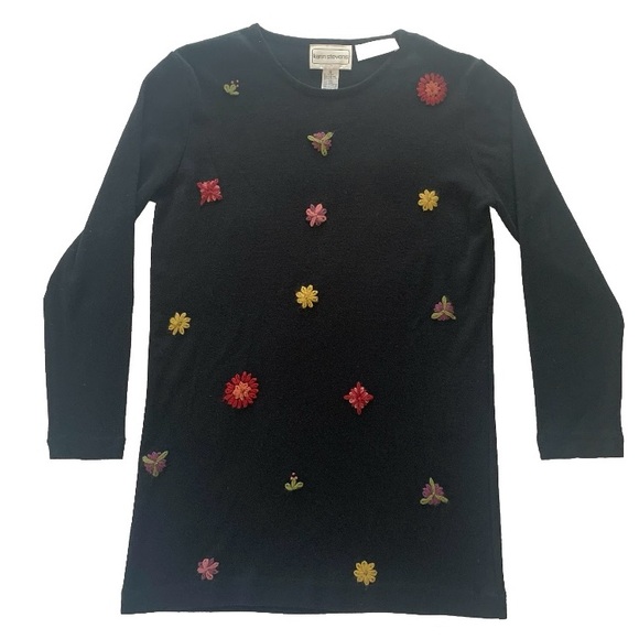 Karin Stevens Sz S Black Wool Blend Tunic Sweater Floral Embroidery Long Sleeve - Picture 1 of 7